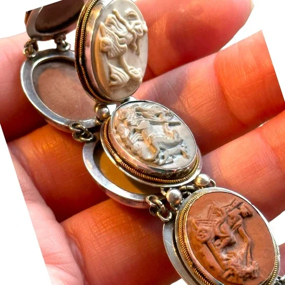 Antique Bracelet Stone Cameo 800 Silver Victorian Lava RARE Seven Days Chariots - Picture 6 of 14